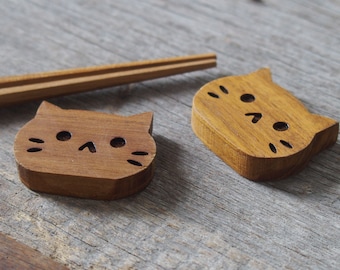 Kitty Cat Wooden Piece, Wooden Chopstick Rest, Cute Cat Face, Smooth Light Weight Natural Colour Chopstickrest, Dinner Table Decoration