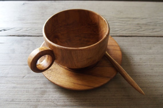 Wooden Coffee Tea Cup Set With Plate and Spoon Palm Wood Natural