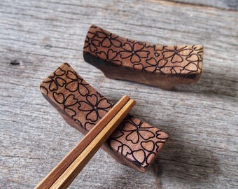 Teak Wood Chopstick Rest: Flower Blossom Design