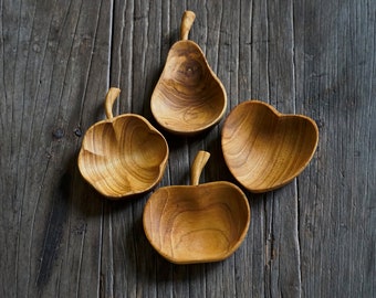 Set of 4 Assorted Heart, Pumpkin, Apple, Pear Fruit Shaped Teak Wood Dip Sauce Small Bowl Playful Cute Fruit Serving Platter