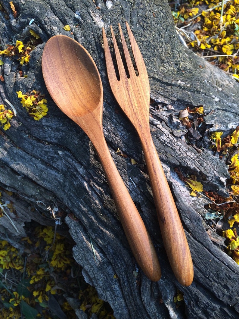 Teak Wood Spoon and Fork Utensils Kitchen Utensils Spoon Etsy Canada