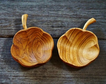Set of 2 Pumpkin Shaped Teak Wood Dip Sauce Small Bowl Playful Cute Serving Platter Wooden Toy