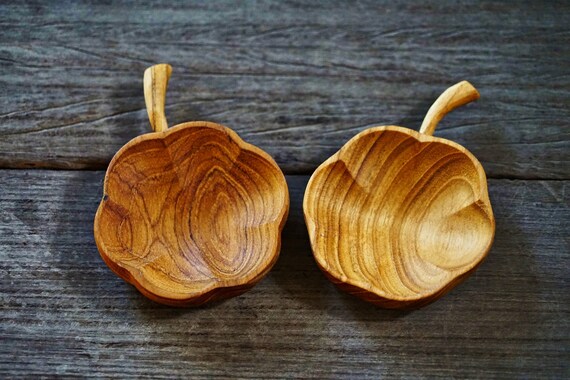 Set of 2 Heart Shaped Teak Wood Dip Sauce Small Bowl Love Symbol Serving Platter Utensil