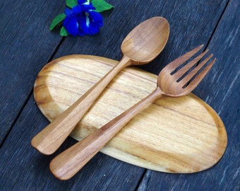 Wood Spoon and Fork, Teak Wood Utensils, Korean Style Spoon Fork, Kitchen Utensils, Minimalist Spoon and Fork, Wood Spoon and Fork