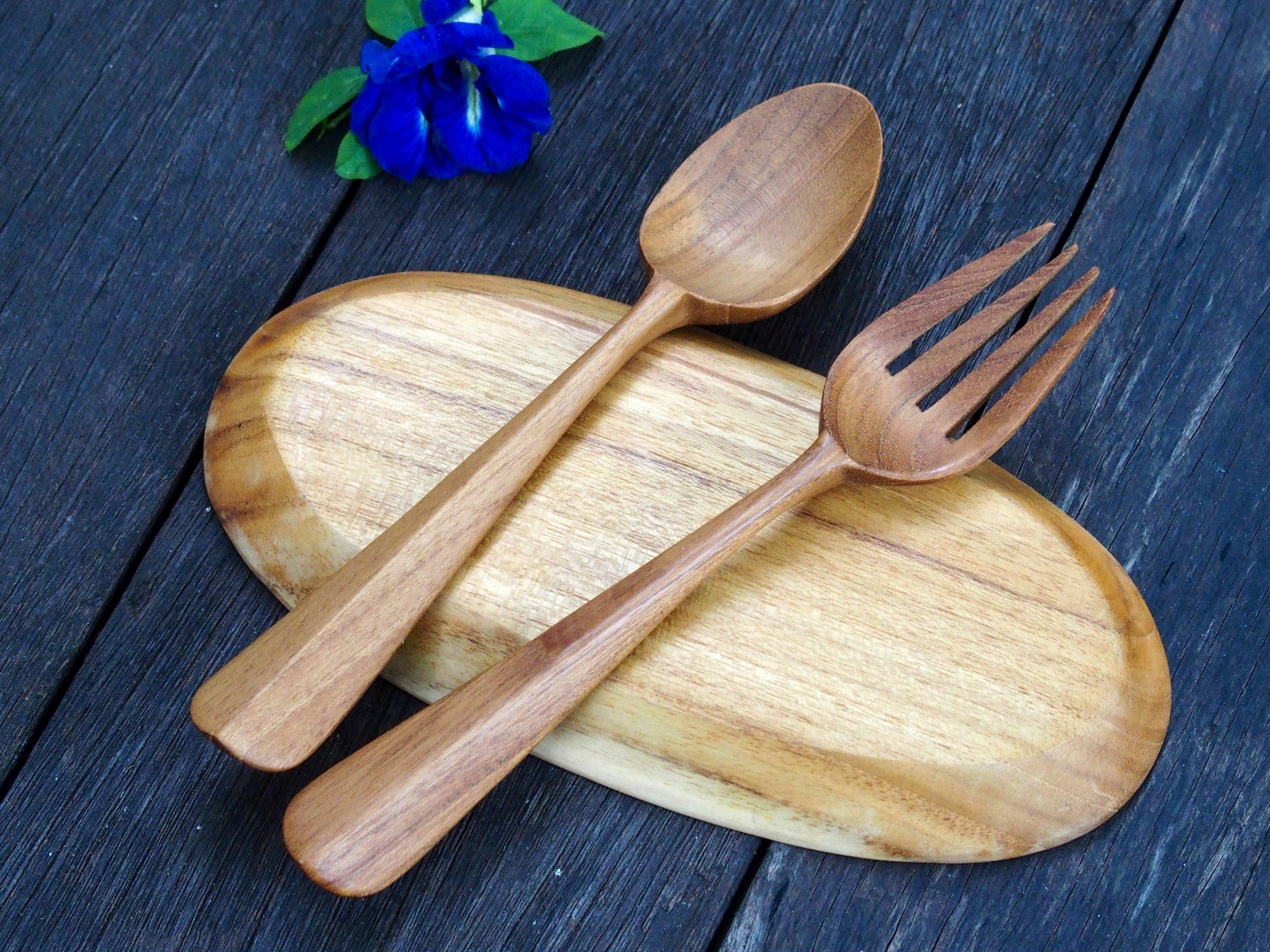 Wood Spoon and Fork Teak Wood Utensils Korean Style Spoon Etsy