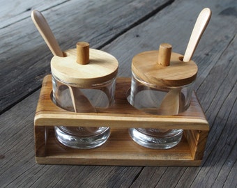 TEAK Wood Condiment Caddy 2 Compartment Holder Serving Set Spices Ingredient  Storage