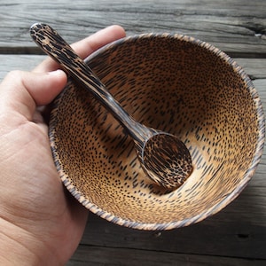 Cuenco de madera y cuchara de madera, cuenco de madera de palma de 4 pulgadas, cuenco de madera para ensalada de cereales, sopa, postre, cuenco pequeño de cocina de madera de palma con cuchara