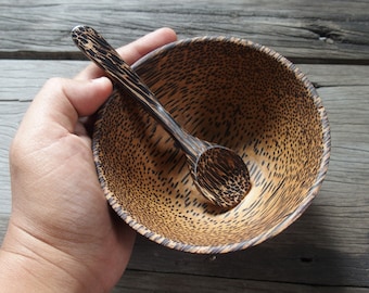 Wooden Bowl & Wooden Spoon, 4 inches Palm Wood Bowl, Cereal Salad Soup Dessert Wooden Bowl with Spoon Palm Wood Kitchen Small Bowl