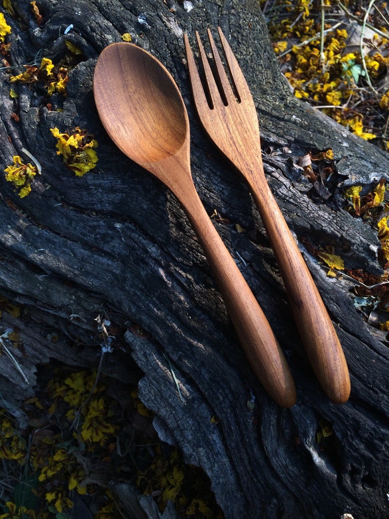 Teak Wood Spoon and Fork Utensils Kitchen Utensils Spoon and Fork Set Wood Spoon and Fork Hostess Gift Wooden Cutlery Set image 3