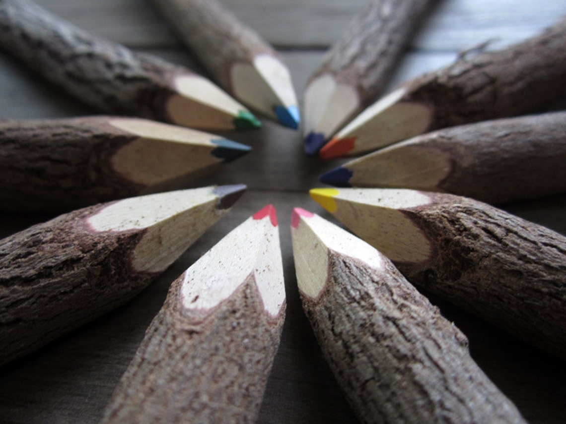 Wooden Colored Pencils Rustic Colorful Drawing Stationery Etsy