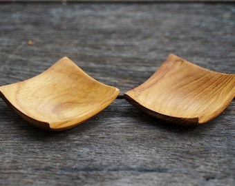 Set of 2 Teak Wood Dip Sauce Small Bowl Modern Design Curve Square Shaped Minimal Serving Platter Utensil
