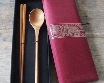 Silk Box Gift Set - Teak Wood Chopstick and Wooden Spoon Set - Excellent for Wood Lover Gift - Gift Under 50 bucks, Korean Wooden Spoon