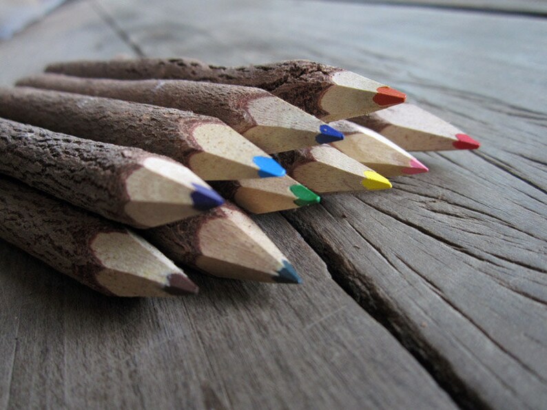 Wooden Colored Pencils Rustic Colorful Drawing Stationery Etsy