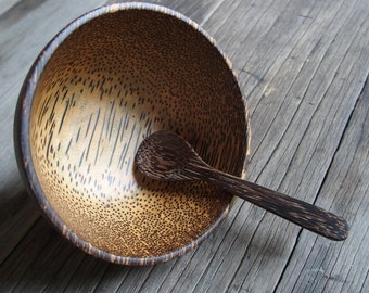 4 inches Palm Wood Bowl Set with Spoon Handmade Natural Color