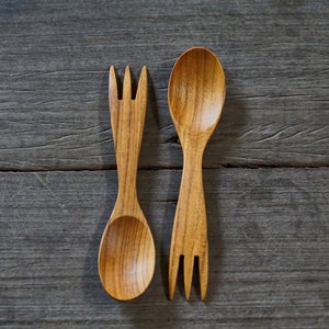 2 in 1 Fork Spoon Teak Wood Soup Spoon 6 Inches Best Handcraft High Quality Reusable Dinner Meal Smooth Light Weight