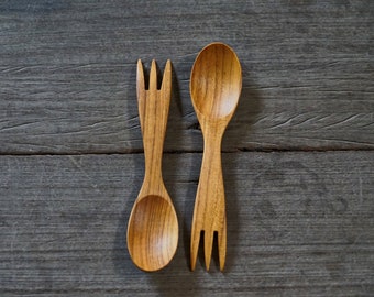 2 in 1 Fork Spoon Teak Wood Soup Spoon 6 Inches Best Handcraft High Quality Reusable Dinner Meal Smooth Light Weight