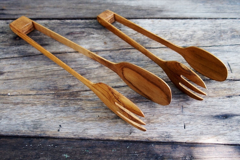 Teak Wood Food Toaster Tongs Wooden Salad Kitchen Cooking Etsy