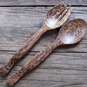 Wooden Serving Spoon and Fork, Salad Serving Spoon, Palm Wood 11 Inches Serving Size Spoon Fork, Tropical Style Utensil , Wooden Kitchenware