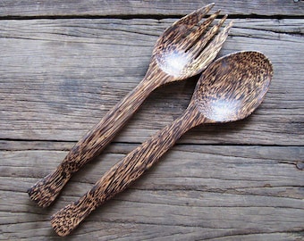 Wooden Serving Spoon and Fork, Salad Serving Spoon, Palm Wood 11 Inches Serving Size Spoon Fork, Tropical Style Utensil , Wooden Kitchenware