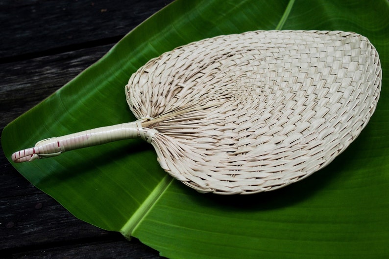 May include: A woven palm leaf fan with a white handle on a green banana leaf background.