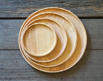 Natural Real Solid Wood Round Plate Pizza Tray Tableware Serving Fruit Dessert Plate Tray Small Medium Size // 6 to 12 inches