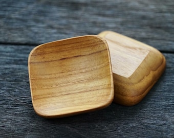 Set of 2 Teak Wood Dip Sauce Small Bowl Square Shaped Minimal Serving Platter Utensil