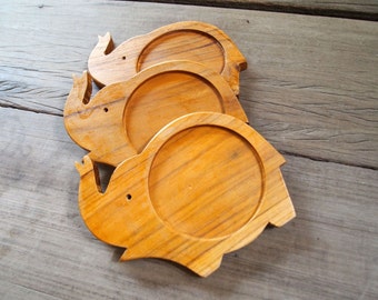Lot de 3 dessous de verre en bois de teck avec tronc retourné et éléphant, bénédiction porte-bonheur, un morceau de bois