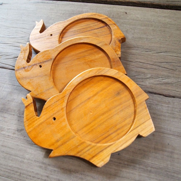 Upturned Trunk Elephant Teak Wood Coaster Set of 3 Pieces Lucky Blessing A Piece of Wood