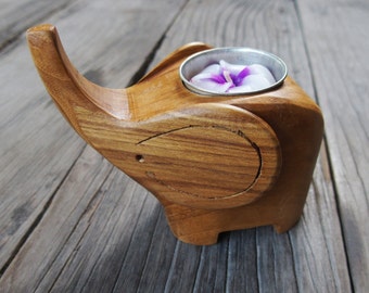 Handmade Natural Unique TEAK Wood Candle Holder Lucky Meaning Gift Upturned Trunk Elephant Home Decorations Ornaments Free Candle Included