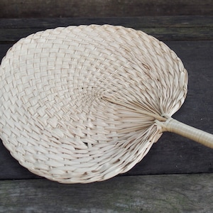 May include: A woven palm leaf fan with a light brown handle. The fan is closed and lying on a wooden surface.