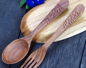 Wood Spoon and Fork Utensils, Minimal Style Spoon Fork, Wooden spoon fork, Kitchen Utensils | Spoon and Fork Set | Wood Spoon and Fork