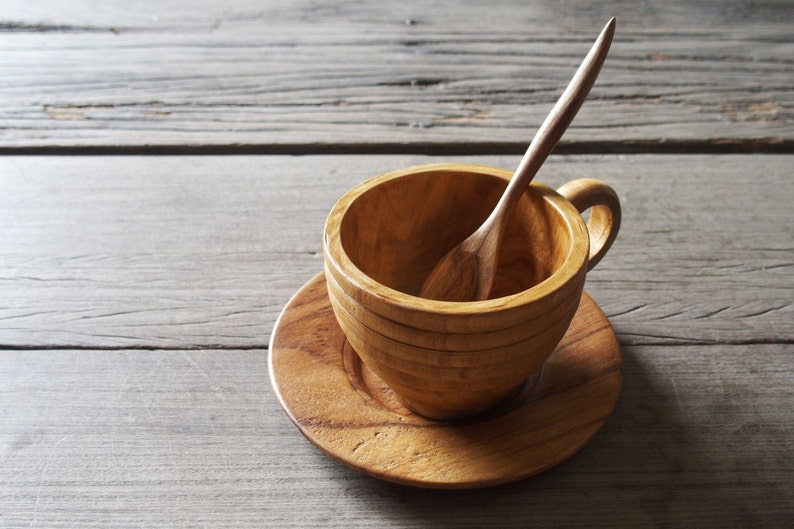 Taza de café de madera de teca con diseño curvo, taza de té, grano de madera Natural, bebida natural con nuestro juego de café de madera hecho a mano imagen 1