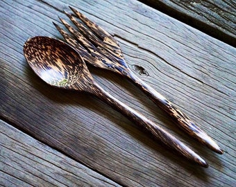 Houten lepel en vork - palmhouten bestekset, houten bestek, unieke houten lepelvork, herbruikbare houten bestekset, minimaal houten bestek