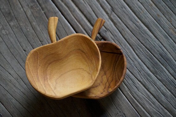 Set of 2 Heart Shaped Teak Wood Dip Sauce Small Bowl Love Symbol Serving Platter Utensil
