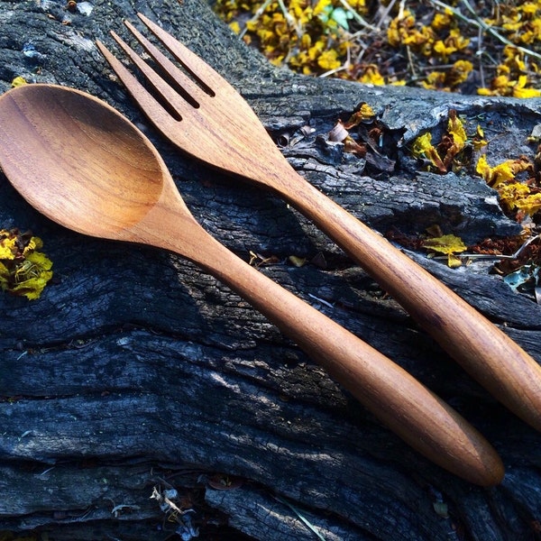 Teak Wood Spoon and Fork Utensils | Kitchen Utensils | Spoon and Fork Set | Wood Spoon and Fork | Hostess Gift | Wooden Cutlery Set