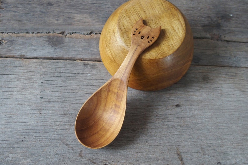 Cat Design Wooden Cutlery, Cat Design Spoon, Cat Lover Gift, Wooden Spoon, Wooden Soup Spoon, Kawai Neko Gift, Woode Kitty Spoon, Teak Wood image 2