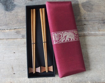 Teak Wood Chopstick and Chopstick Holder Set, Wooden Chopstick Set, Gift Under 50 dollars, Minimal Wooden Chopstick, Silk Box Gift Set