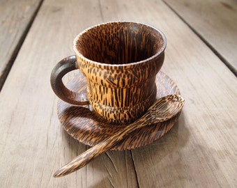 Wooden Coffee Tea Cup Set with Plate and Spoon Palm Wood Natural Color Eco Friendly Christmas Housewarming gift