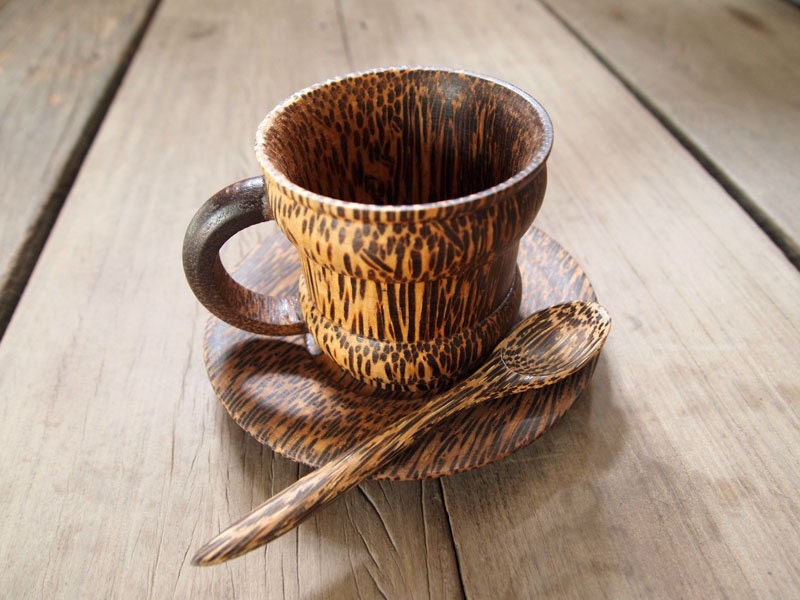 Wooden Coffee Tea Cup Set With Plate and Spoon Palm Wood Natural