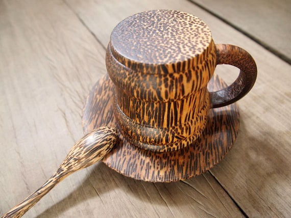 Wooden Tea Cup With Saucer And Spoon (Set of 2)