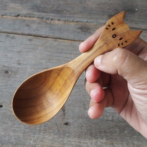 Cat Design Wooden Cutlery, Cat Design Spoon, Cat Lover Gift, Wooden Spoon, Wooden Soup Spoon, Kawai Neko Gift, Woode Kitty Spoon, Teak Wood image 1