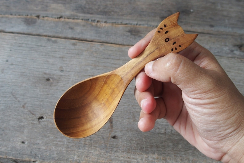 Cat Design Wooden Cutlery, Cat Design Spoon, Cat Lover Gift, Wooden Spoon, Wooden Soup Spoon, Kawai Neko Gift, Woode Kitty Spoon, Teak Wood image 1