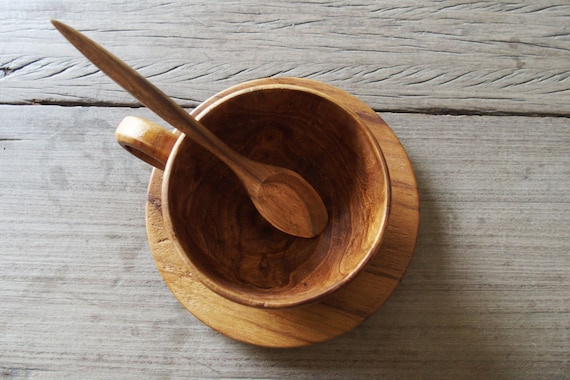 Wooden Coffee Tea Cup Set With Plate and Spoon Palm Wood Natural Color Eco  Friendly Christmas Housewarming Gift 