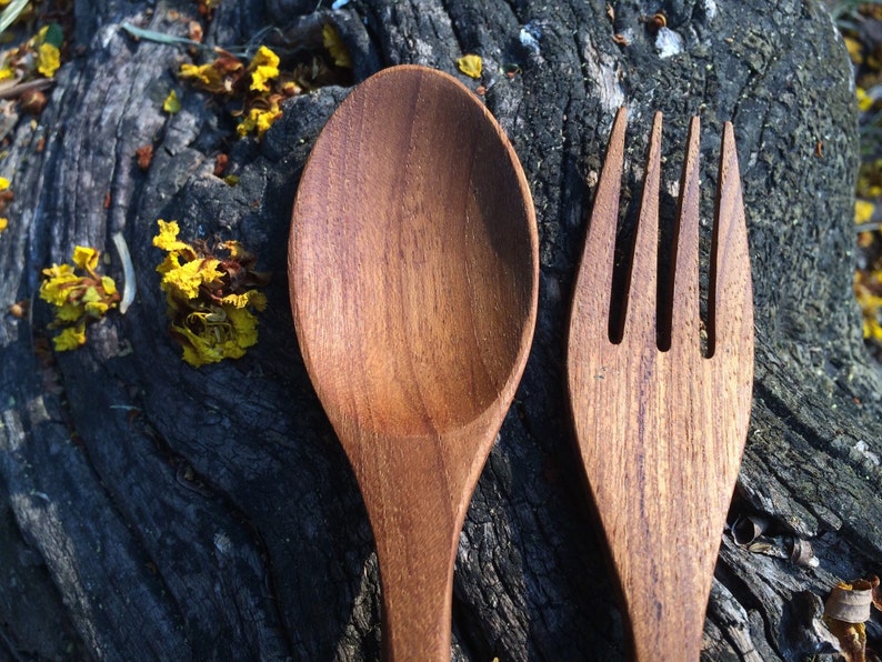Teak Wood Spoon and Fork Utensils Kitchen Utensils Spoon and Fork Set Wood Spoon and Fork Hostess Gift Wooden Cutlery Set image 4