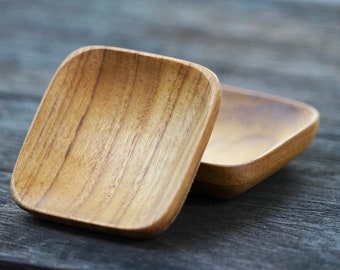 Set of 2 Teak Wood Dip Sauce Small Bowl Square Shaped Minimal Serving Platter Utensil