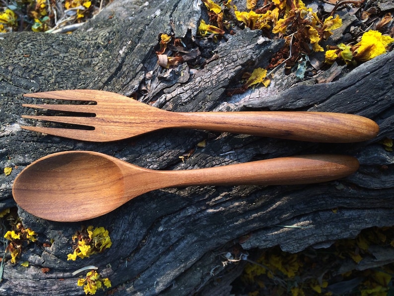 Teak Wood Spoon and Fork Utensils Kitchen Utensils Spoon and Fork Set Wood Spoon and Fork Hostess Gift Wooden Cutlery Set image 2