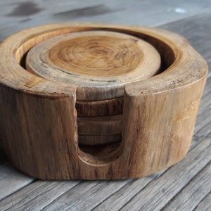 Teak Wood Coasters 4 Pieces with The Holder Rustic Look Smooth The Best Type of Wood