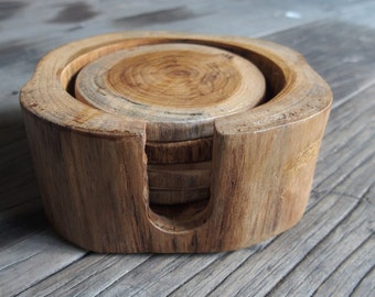 Teak Wood Coasters 4 Pieces with The Holder Rustic Look Smooth The Best Type of Wood