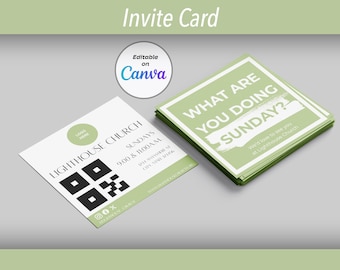 Pode incluir: Dois cartões de convite quadrados com um design verde claro e branco. Um cartão exibe o texto "LIGHTHOUSE CHURCH" e um código QR. O outro cartão diz "WHAT ARE YOU DOING SUNDAY?" e "We'd love to see you at Lighthouse Church."