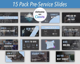 15 Modern Church Pre-Service Slides / Canva Template / Sunday Service Slides / Editable Canva Announcements Template / Church Slides Bundle